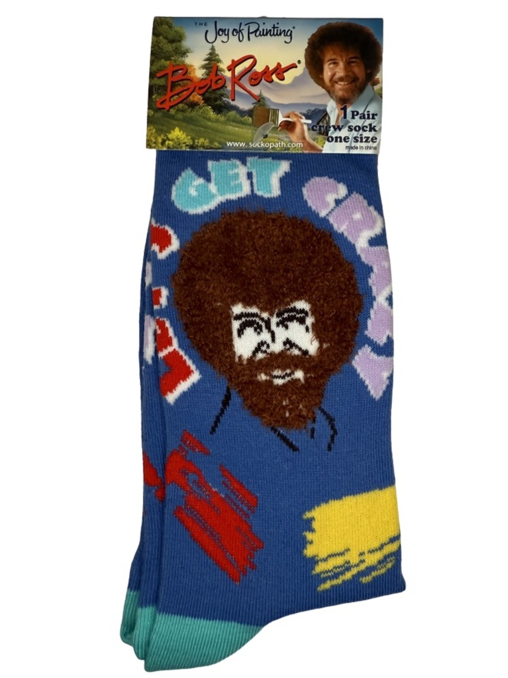 Bob Ross 3D Fuzzy Hair Crew Socks Get Crazy Blue Portrait Retro 80s NWT